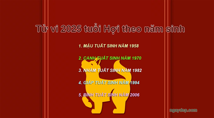 Tử vi 2025  tuổi Tuất theo năm sinh: 1958, 1970, 1982, 1994, 2006
