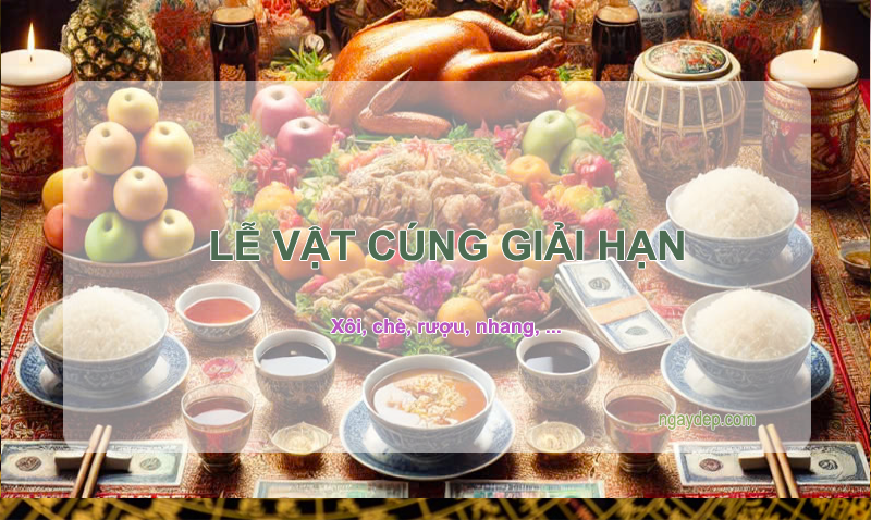 Lễ vật cúng hạn tam tai bao gồm mâm ngũ quả, gà, xôi, chè,...